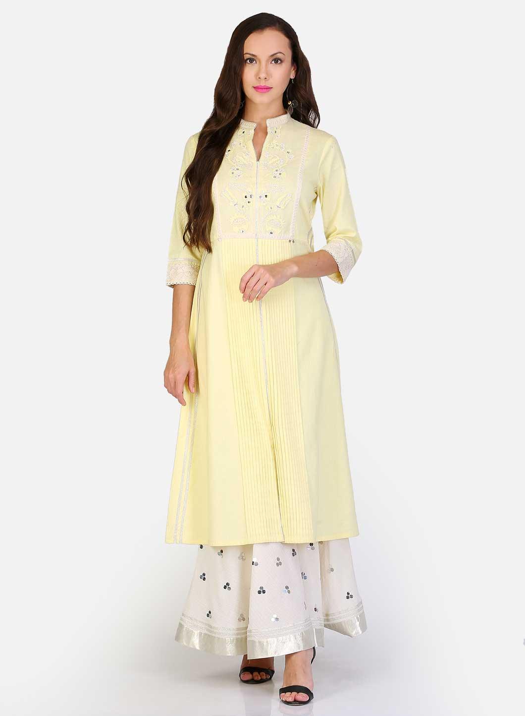 Yellow Mandarin Neck Lace kurta - wforwoman