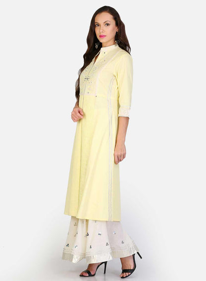 Yellow Mandarin Neck Lace kurta - wforwoman