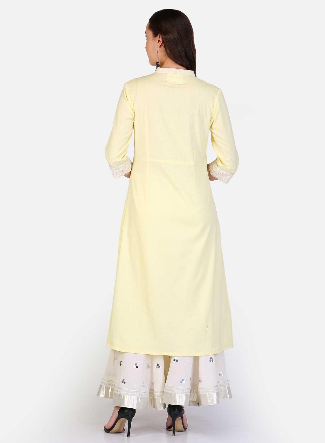 Yellow Mandarin Neck Lace kurta - wforwoman