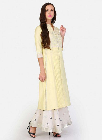 Yellow Mandarin Neck Lace kurta - wforwoman