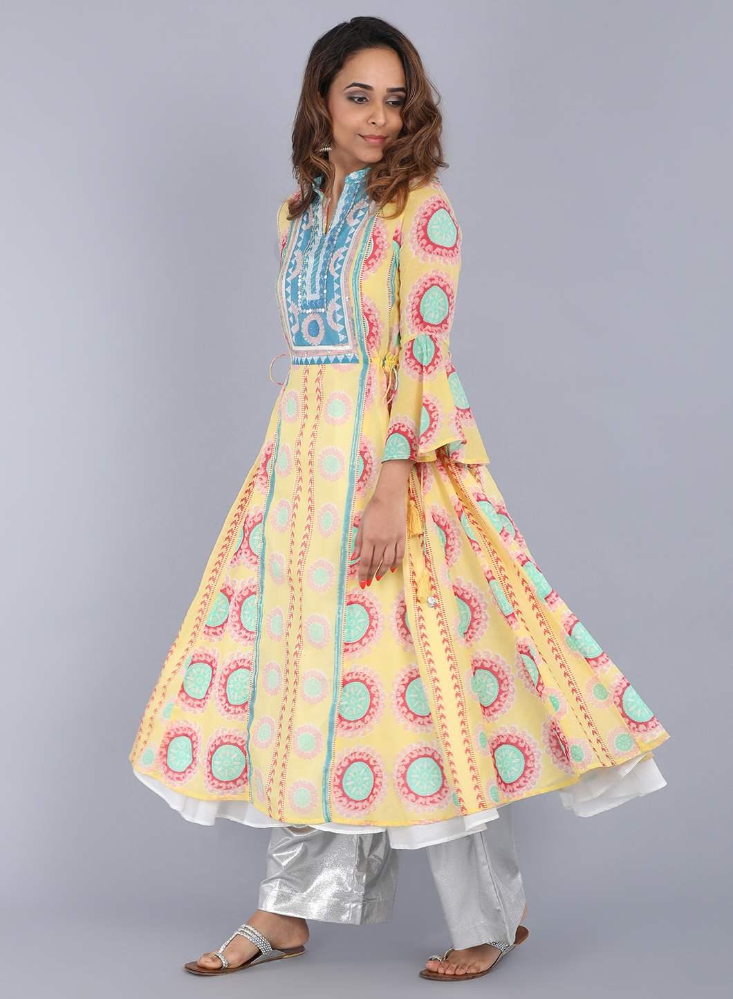 Yellow Mandarin Neck Printed kurta - wforwoman