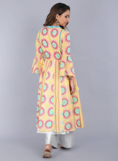 Yellow Mandarin Neck Printed kurta - wforwoman