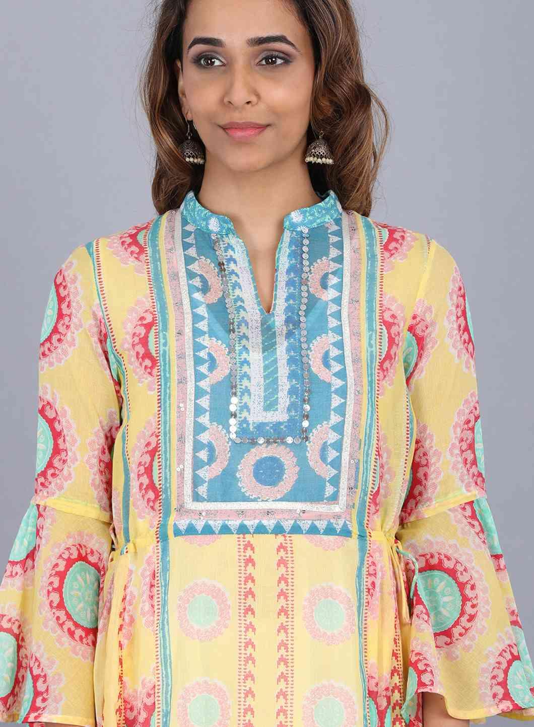 Yellow Mandarin Neck Printed kurta - wforwoman