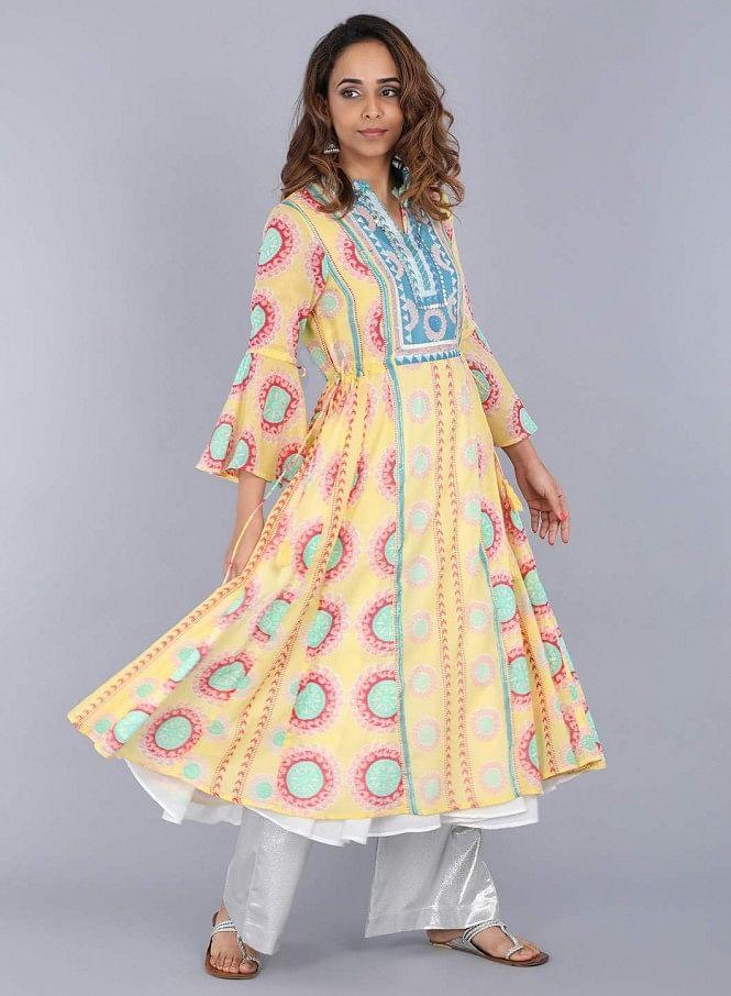 Yellow Mandarin Neck Printed kurta - wforwoman