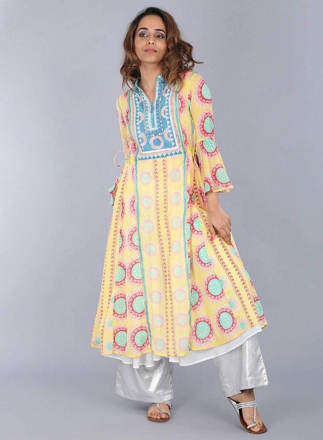 Yellow Mandarin Neck Printed kurta - wforwoman