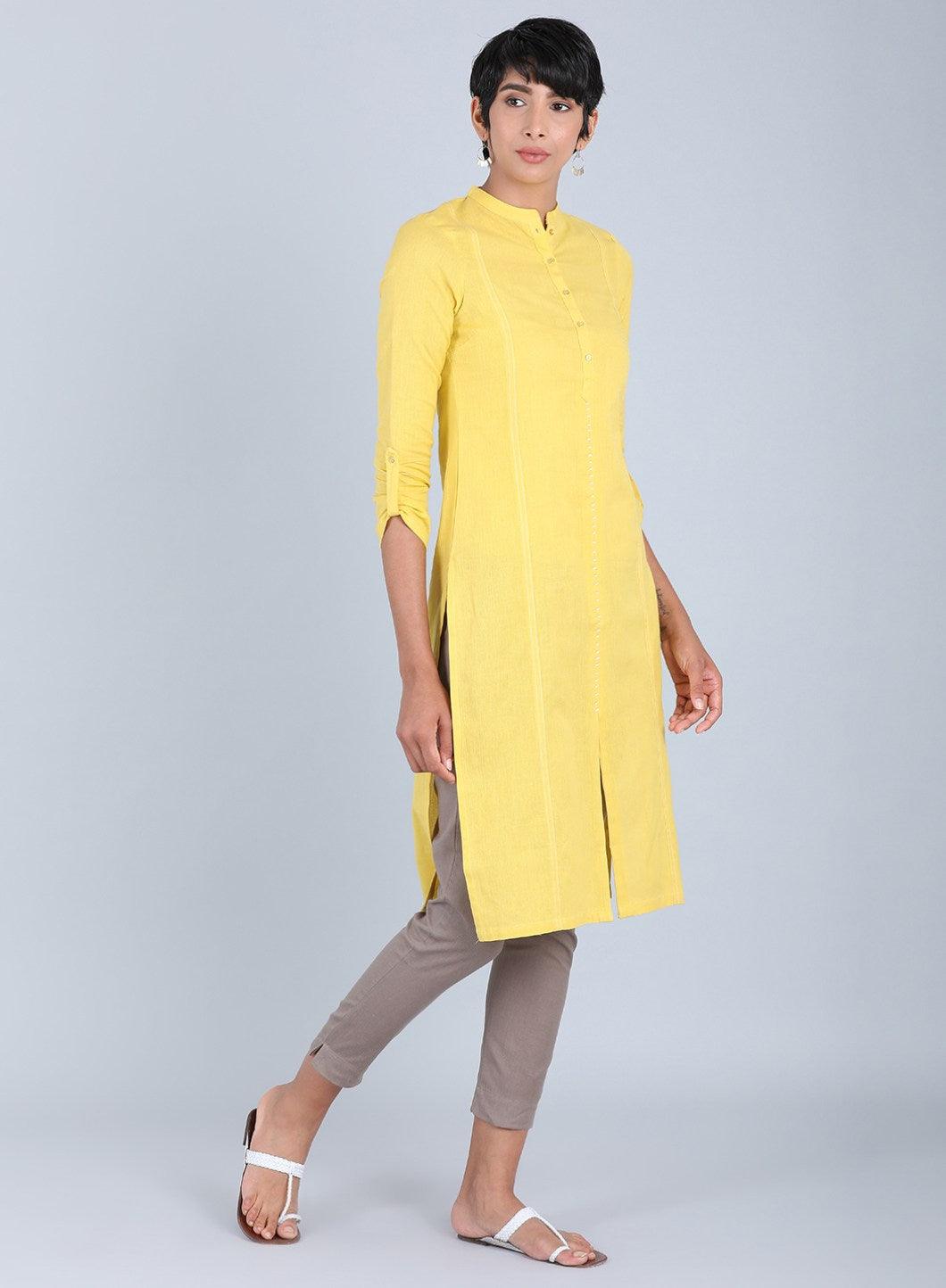 Yellow Mandarin Neck Solid kurta - wforwoman