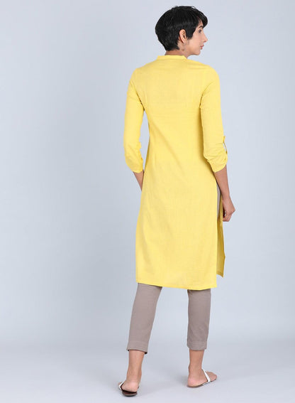 Yellow Mandarin Neck Solid kurta - wforwoman