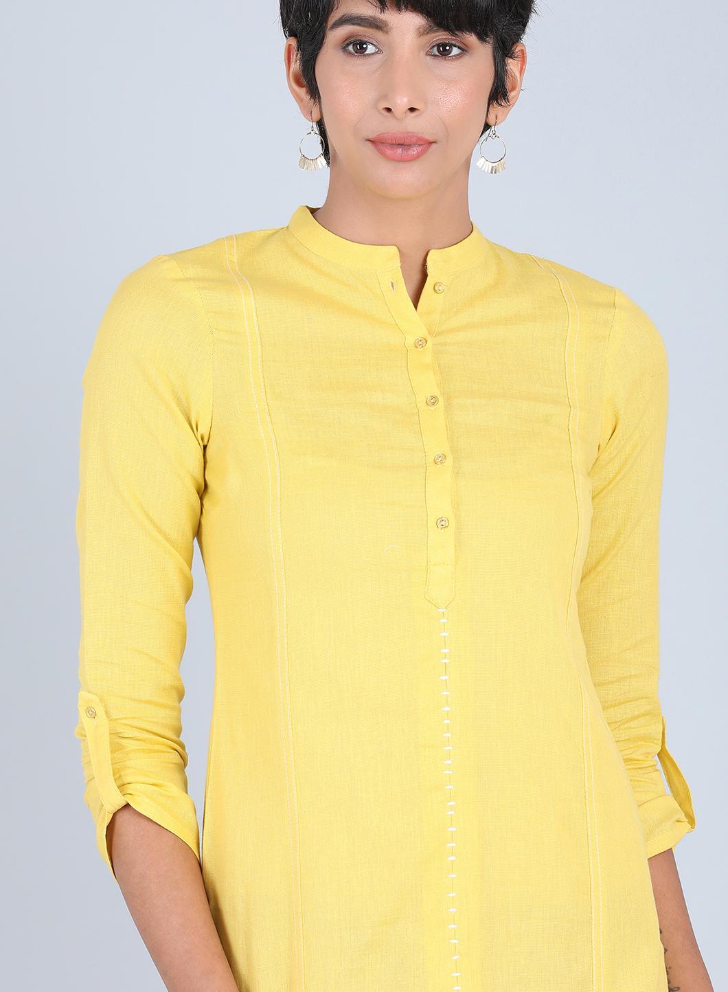 Yellow Mandarin Neck Solid kurta - wforwoman