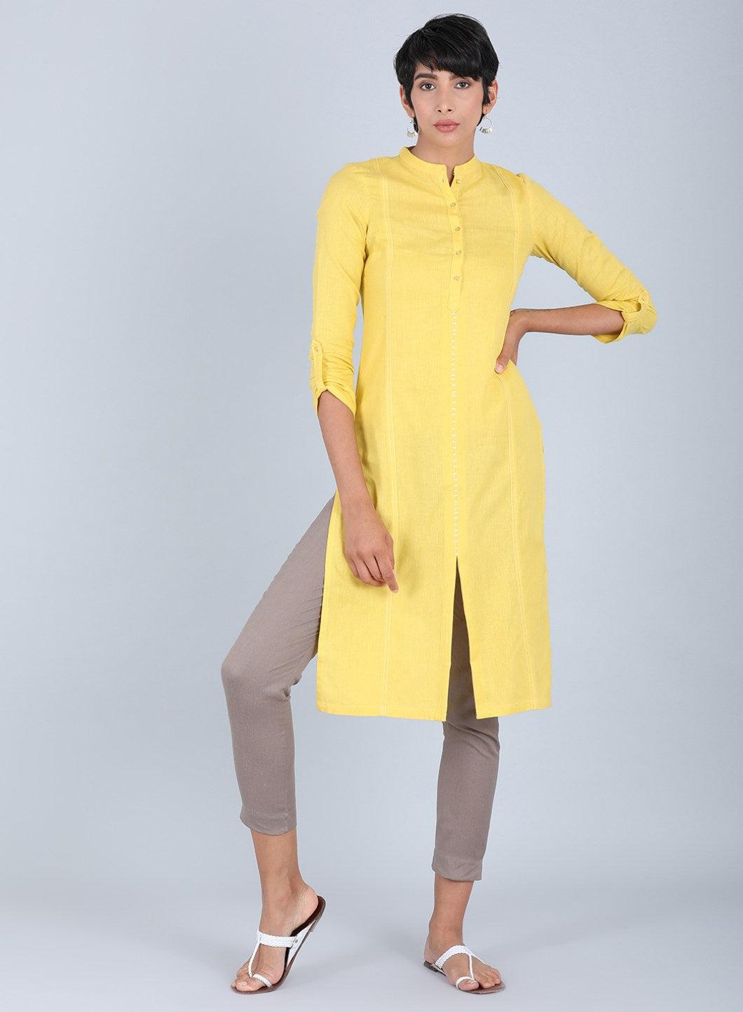 Yellow Mandarin Neck Solid kurta - wforwoman