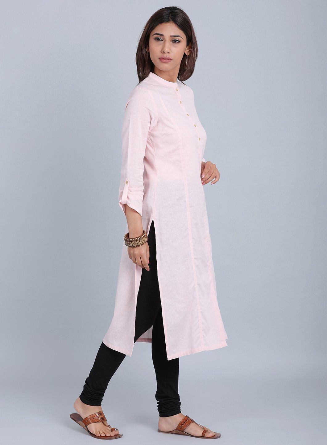 Pink Mandarin Neck Solid kurta - wforwoman