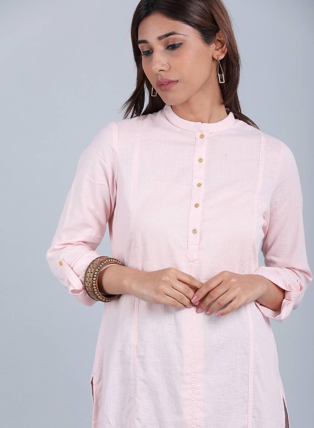 Pink Mandarin Neck Solid kurta - wforwoman