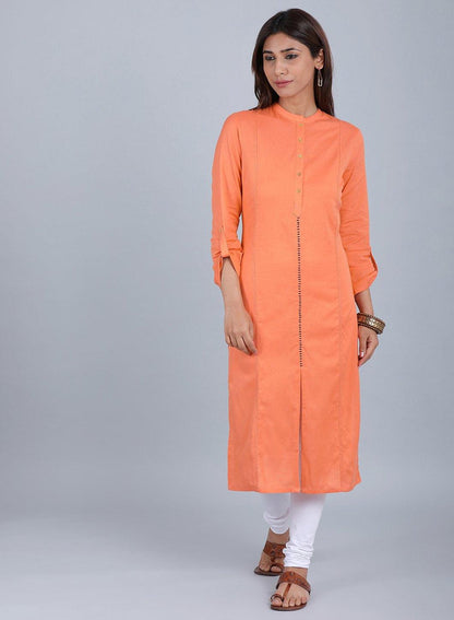 Orange Mandarin Neck Solid kurta - wforwoman