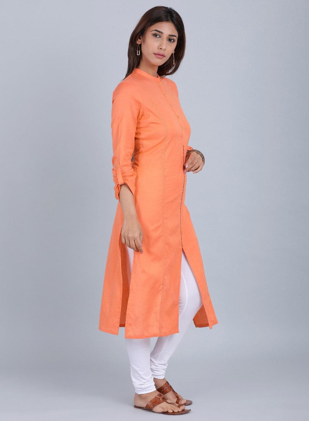 Orange Mandarin Neck Solid kurta - wforwoman