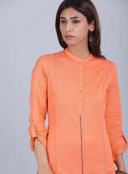 Orange Mandarin Neck Solid kurta - wforwoman