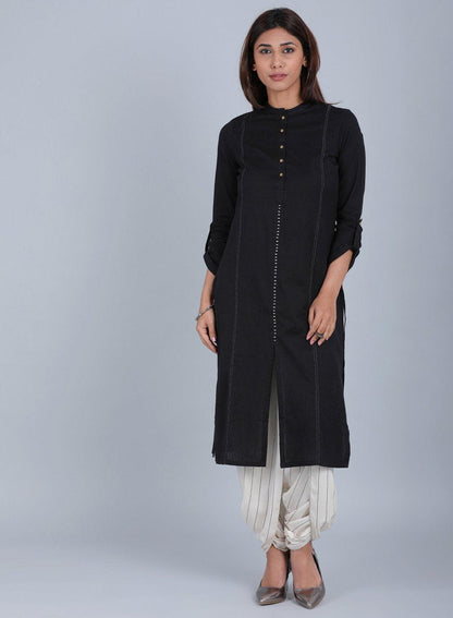 Black Mandarin Neck Solid kurta - wforwoman