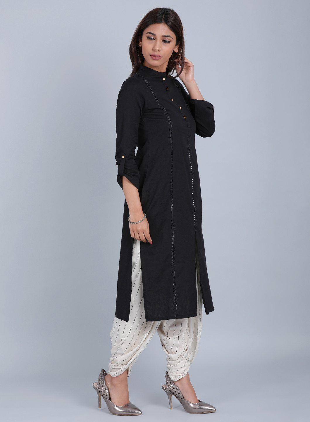 Black Mandarin Neck Solid kurta - wforwoman