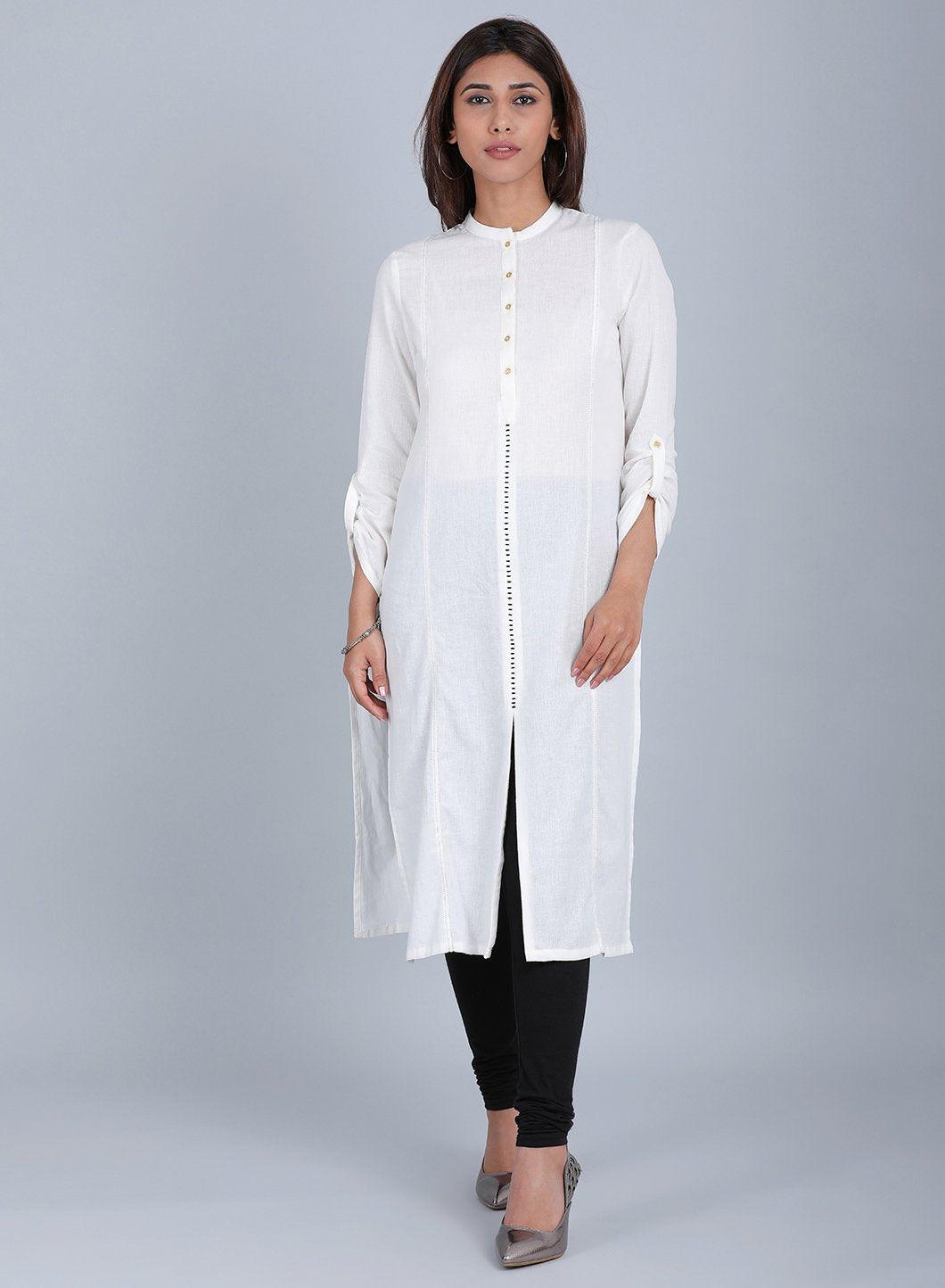 Ecru Mandarin Neck Solid kurta - wforwoman