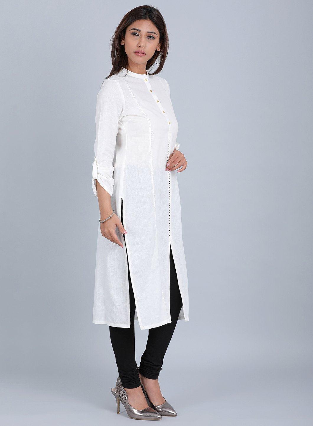 Ecru Mandarin Neck Solid kurta - wforwoman