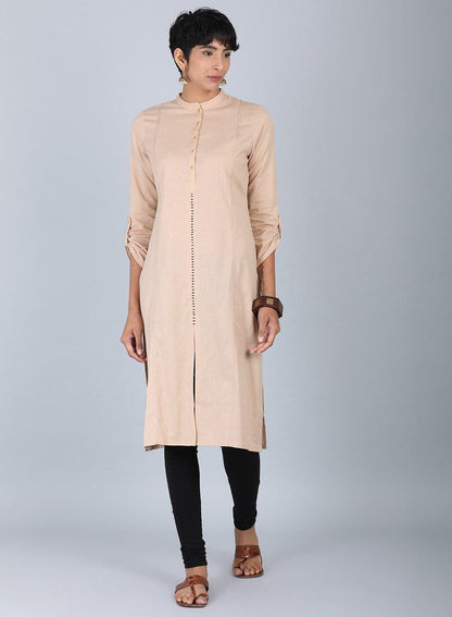 Beige Mandarin Neck Solid kurta - wforwoman