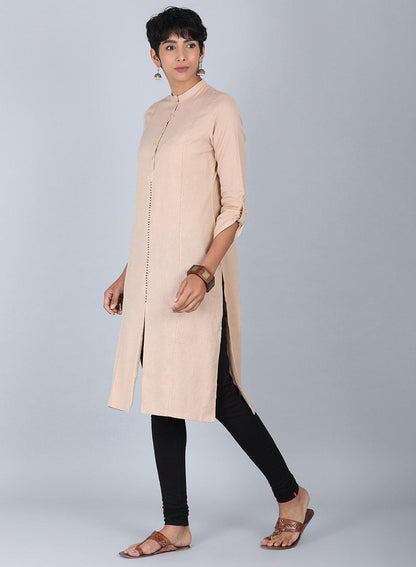 Beige Mandarin Neck Solid kurta - wforwoman