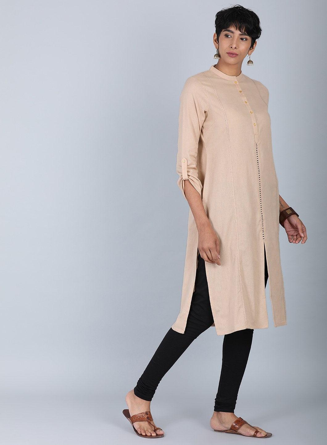 Beige Mandarin Neck Solid kurta - wforwoman