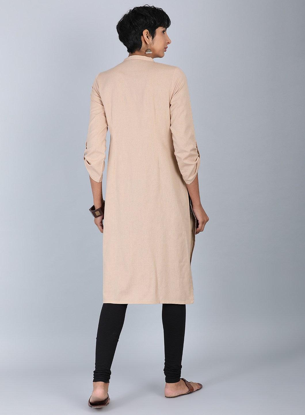 Beige Mandarin Neck Solid kurta - wforwoman