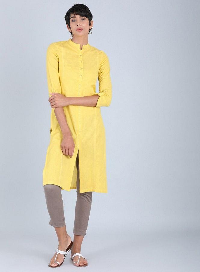 Yellow Mandarin Neck Solid kurta - wforwoman