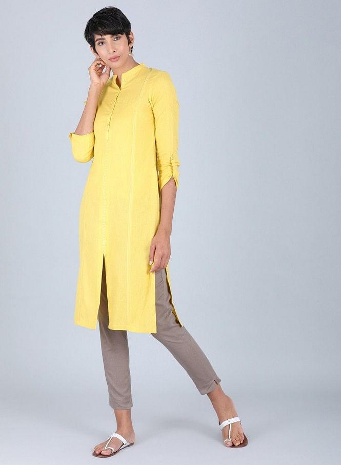 Yellow Mandarin Neck Solid kurta - wforwoman