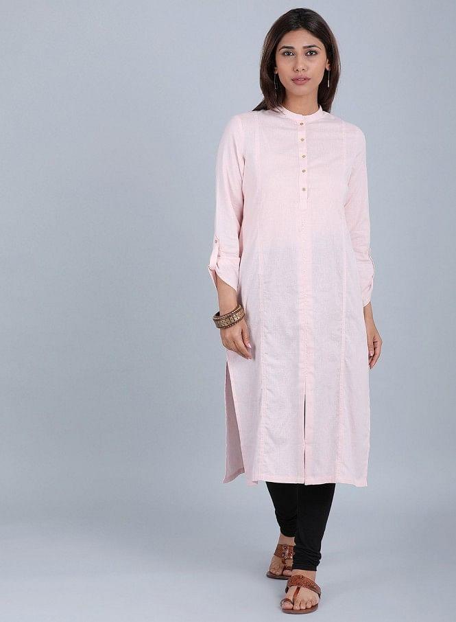 Pink Mandarin Neck Solid kurta - wforwoman