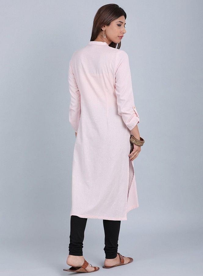 Pink Mandarin Neck Solid kurta - wforwoman