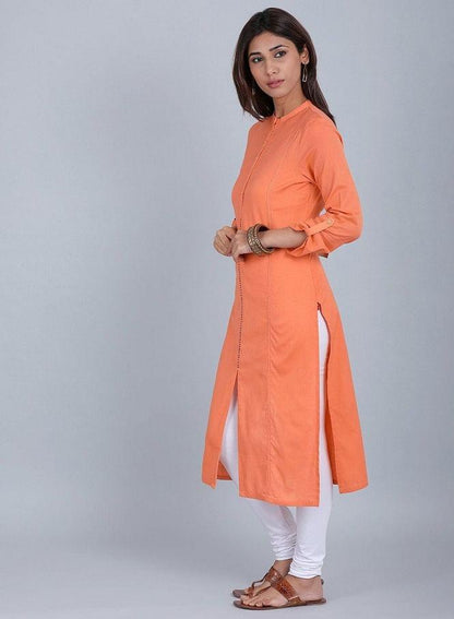 Orange Mandarin Neck Solid kurta - wforwoman