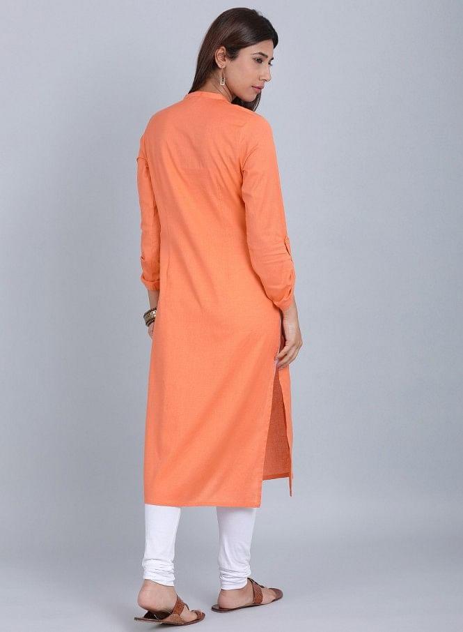 Orange Mandarin Neck Solid kurta - wforwoman