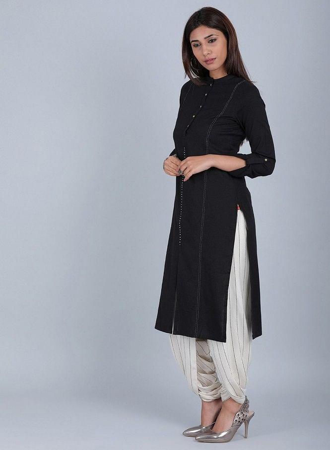 Black Mandarin Neck Solid kurta - wforwoman