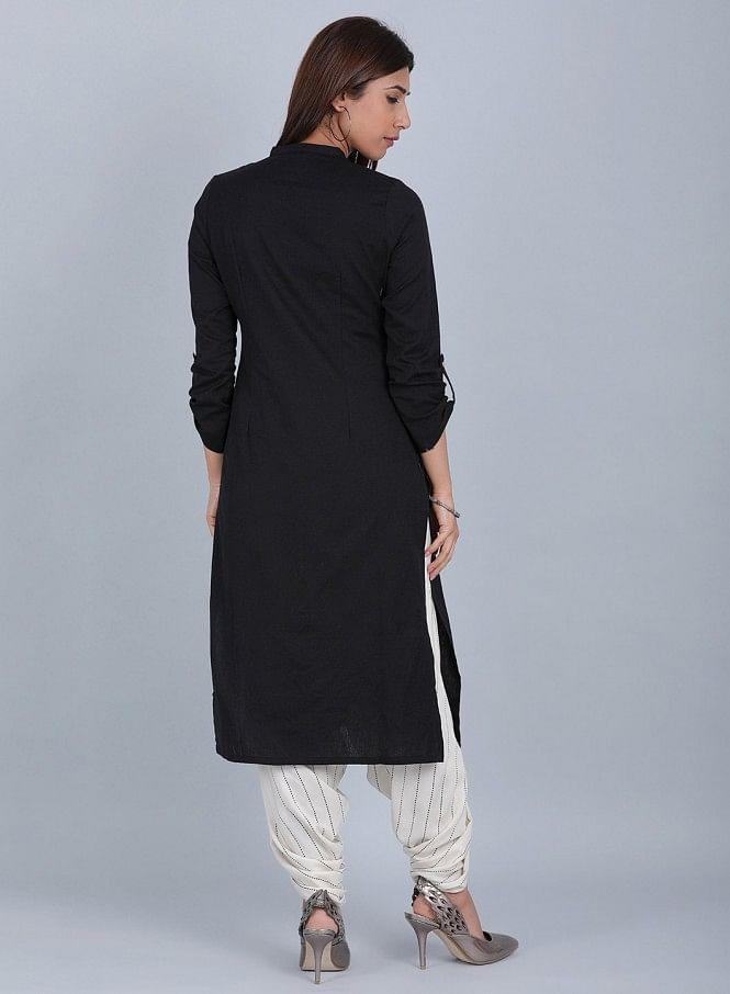 Black Mandarin Neck Solid kurta - wforwoman