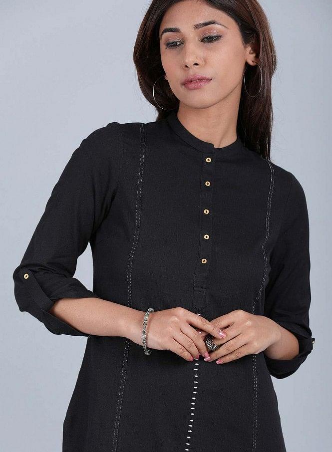 Black Mandarin Neck Solid kurta - wforwoman