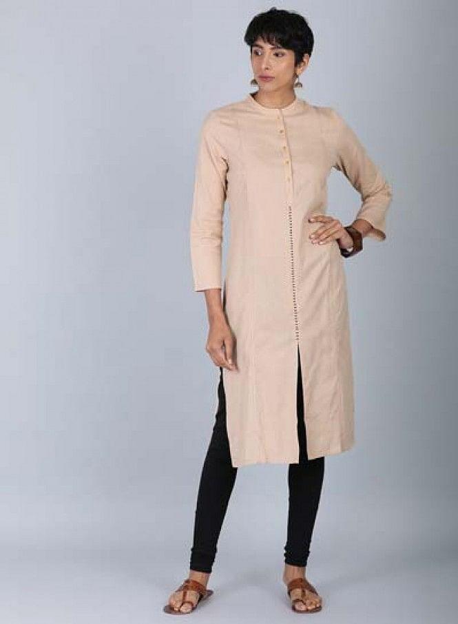 Beige Mandarin Neck Solid kurta - wforwoman