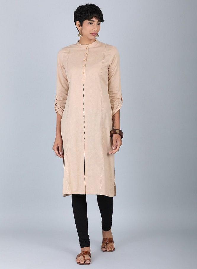 Beige Mandarin Neck Solid kurta - wforwoman