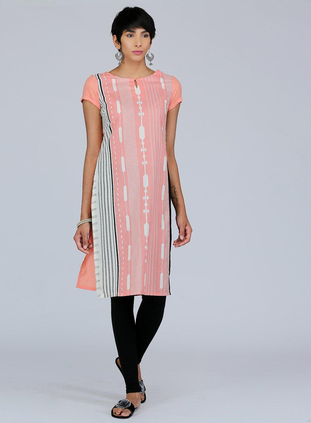 Peach Round Neck Printed kurta - wforwoman