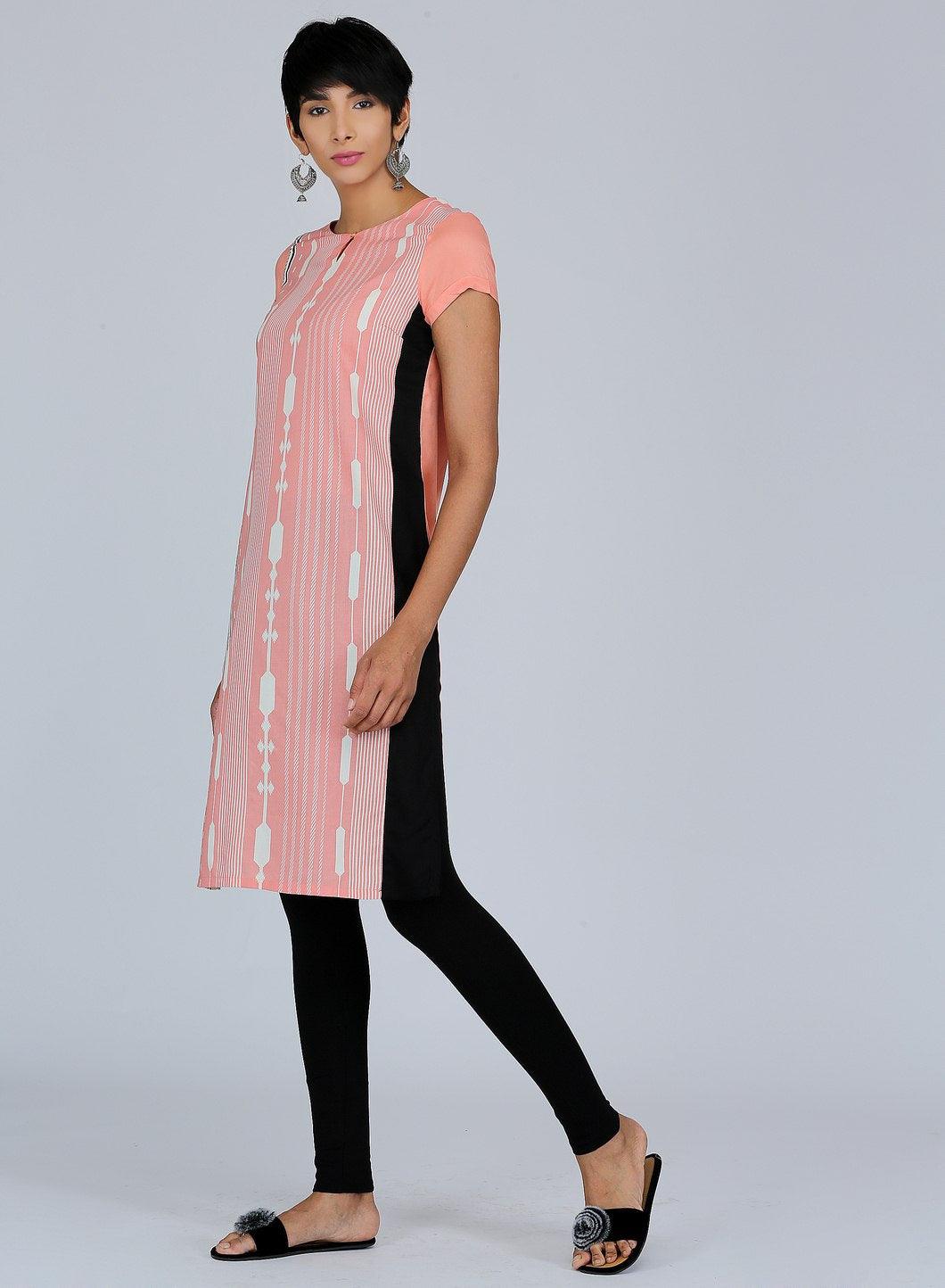 Peach Round Neck Printed kurta - wforwoman