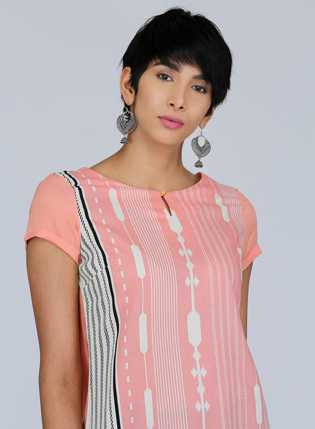 Peach Round Neck Printed kurta - wforwoman