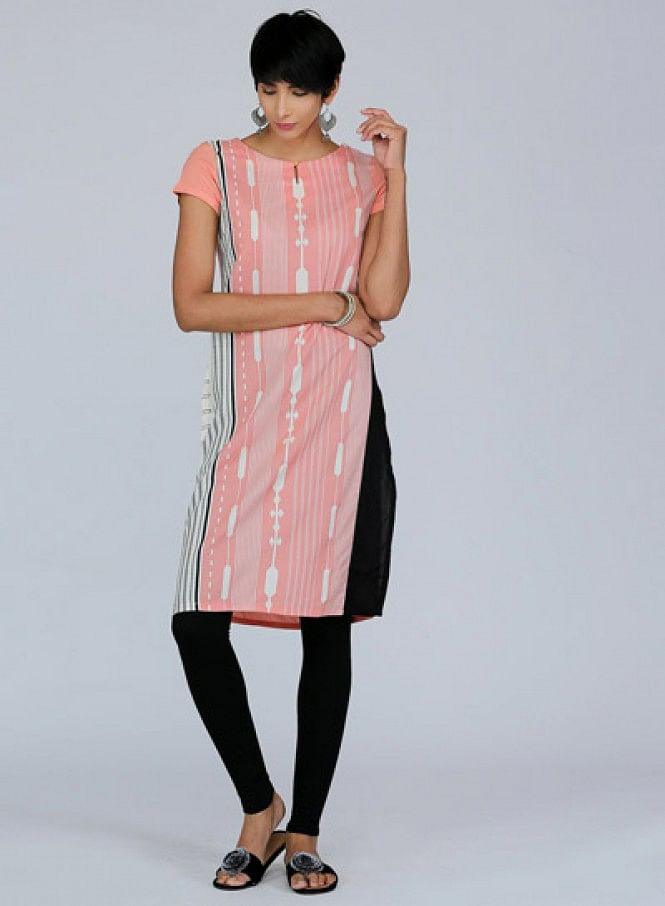 Peach Round Neck Printed kurta - wforwoman