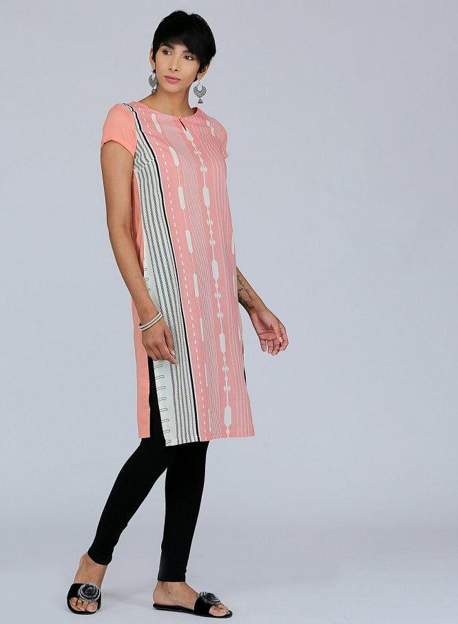 Peach Round Neck Printed kurta - wforwoman