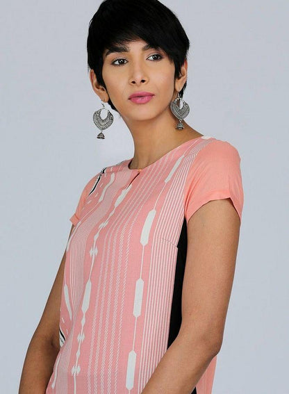 Peach Round Neck Printed kurta - wforwoman