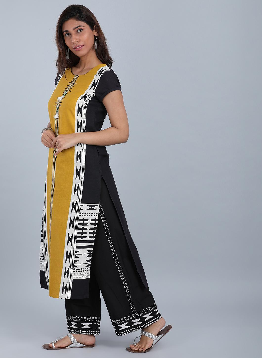 Yellow &amp; Black Round Neck kurta - wforwoman