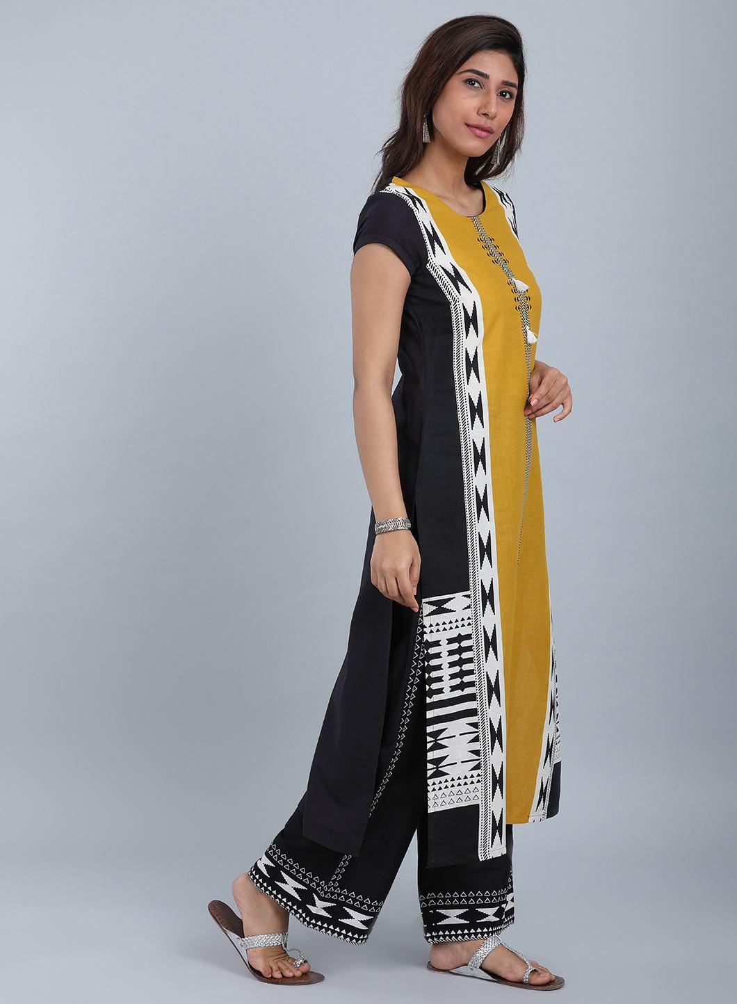 Yellow &amp; Black Round Neck kurta - wforwoman