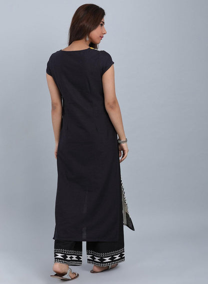 Yellow &amp; Black Round Neck kurta - wforwoman