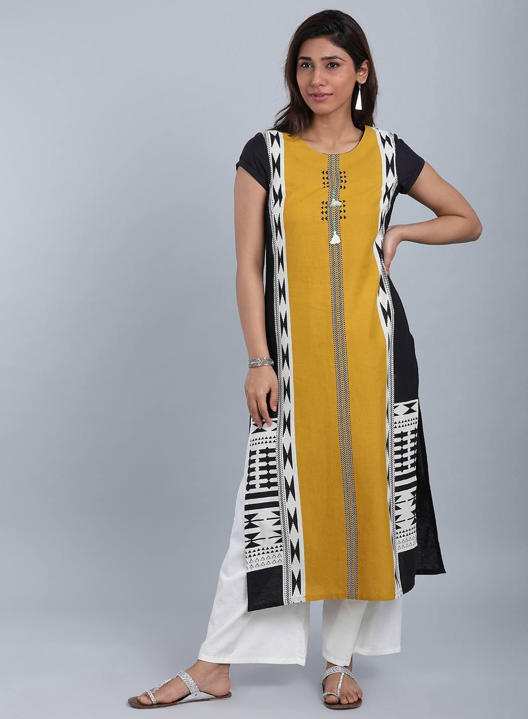 Yellow &amp; Black Round Neck kurta - wforwoman