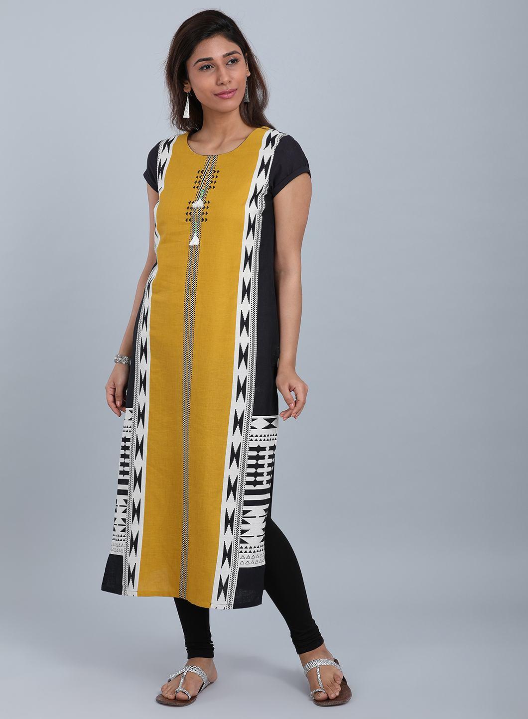 Yellow &amp; Black Round Neck kurta - wforwoman