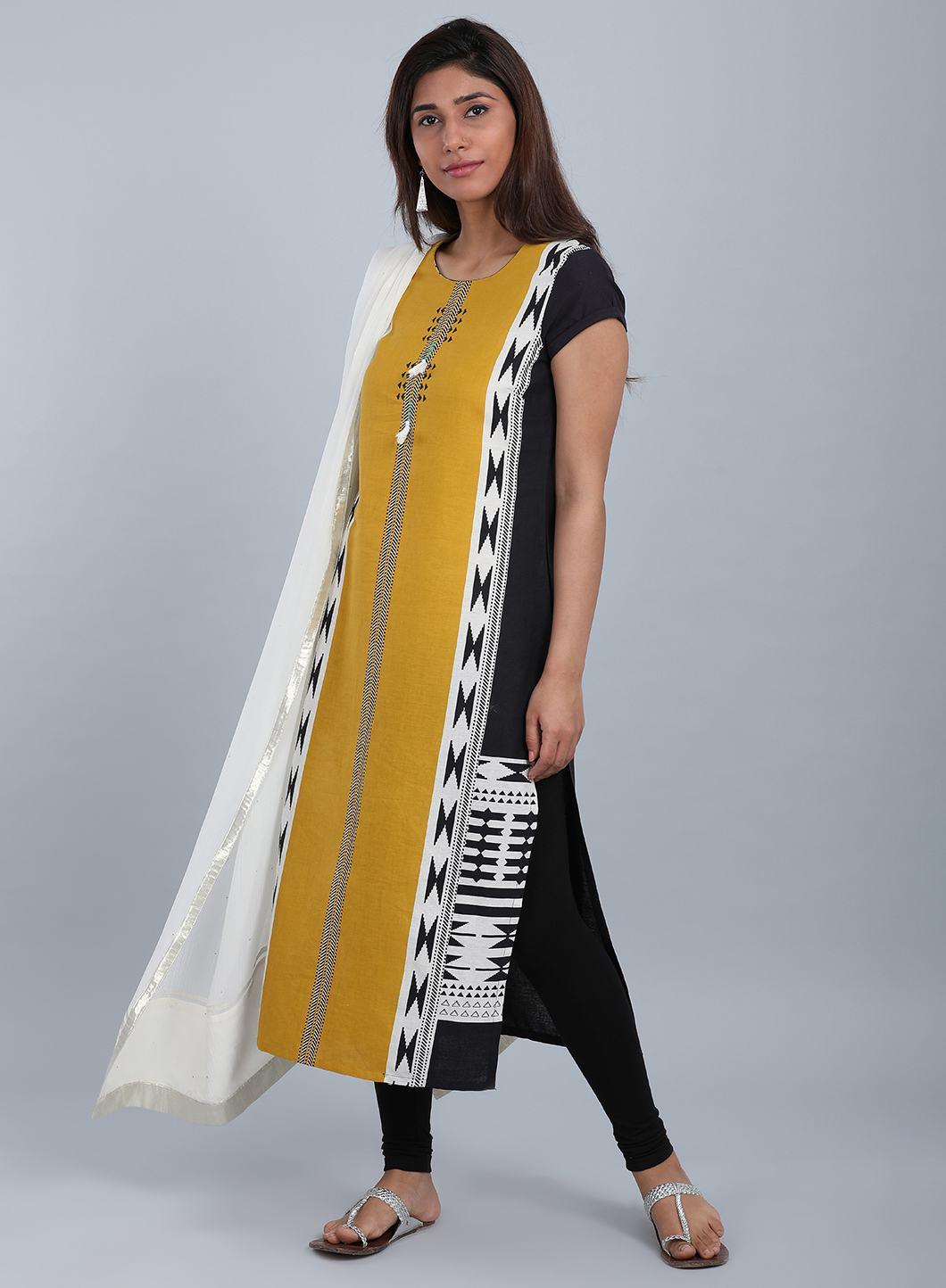 Yellow &amp; Black Round Neck kurta - wforwoman