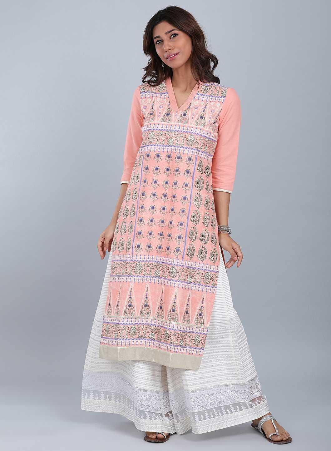 Pink V Neck Printed kurta - wforwoman